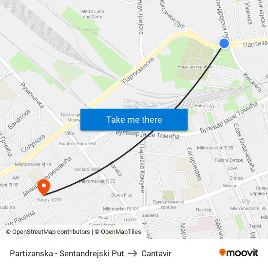 Partizanska - Sentandrejski Put to Cantavir map