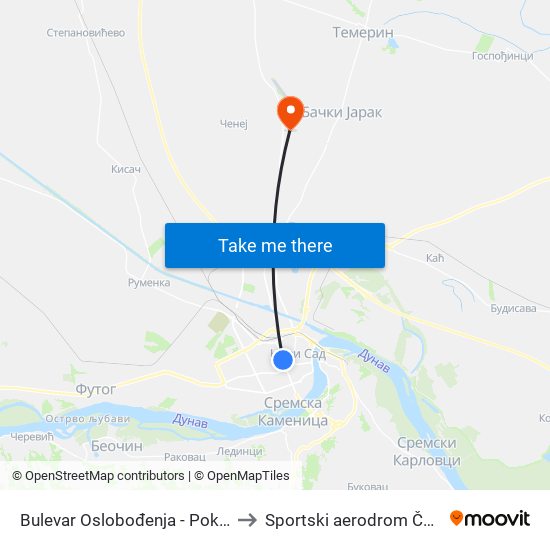 Bulevar Oslobođenja - Pokrajinski Sup to Sportski aerodrom Čenej (QND) map