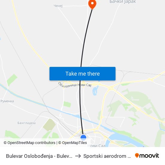 Bulеvar Oslobođenja - Bulevar Jaše Tomića to Sportski aerodrom Čenej (QND) map
