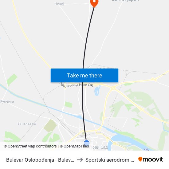 Bulеvar Oslobođenja - Bulevar Kralja Petra I to Sportski aerodrom Čenej (QND) map