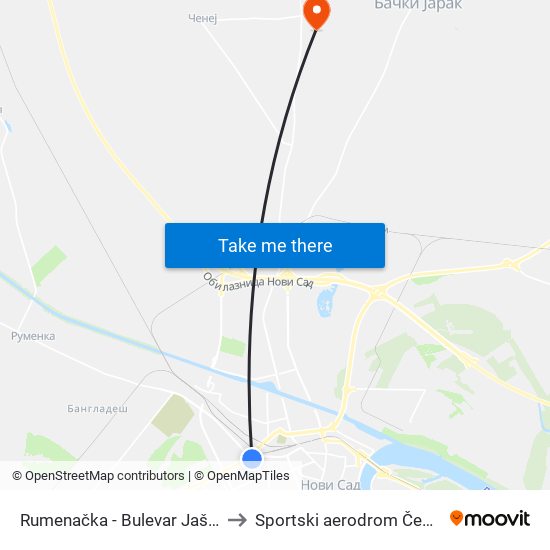 Rumenačka - Bulevar Jaše Tomića to Sportski aerodrom Čenej (QND) map