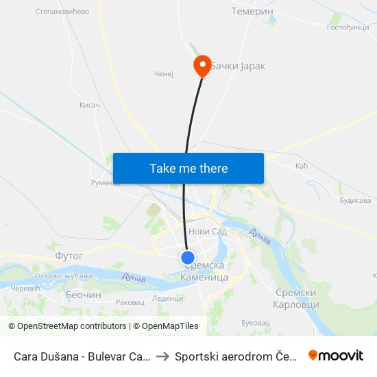 Cara Dušana - Bulevar Cara Lazara to Sportski aerodrom Čenej (QND) map