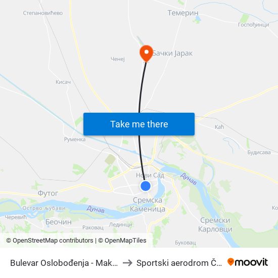 Bulevar Oslobođenja - Maksima Gorkog to Sportski aerodrom Čenej (QND) map