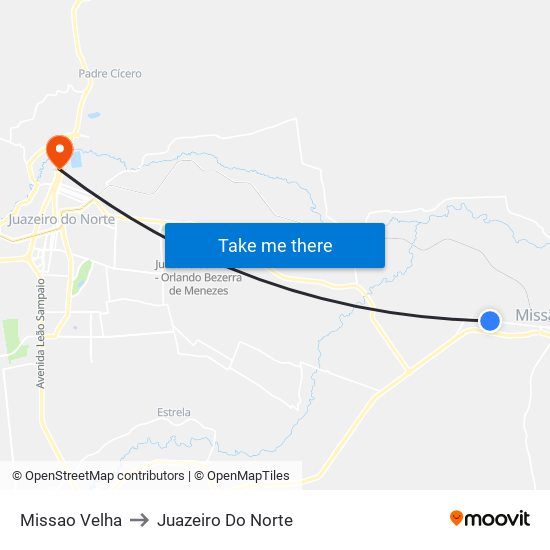 Missao Velha to Juazeiro Do Norte map
