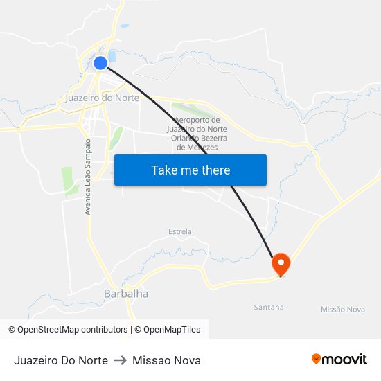 Juazeiro Do Norte to Missao Nova map