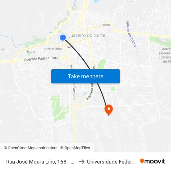 Rua José Moura Lins, 168 - Santo Antonio to Universidade Federal Do Cariri map