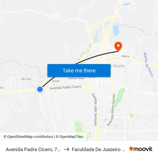 Avenida Padre Cícero, 710 - São José to Faculdade De Juazeiro Do Norte - Fjn map