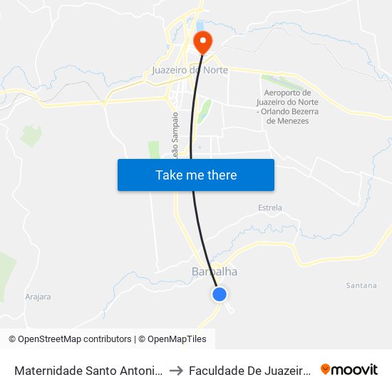Maternidade Santo Antonio - Santo Antonio to Faculdade De Juazeiro Do Norte - Fjn map