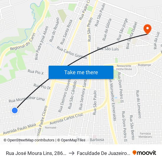 Rua José Moura Lins, 286 - Santo Antonio to Faculdade De Juazeiro Do Norte - Fjn map