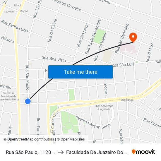 Rua São Paulo, 1120 - Centro to Faculdade De Juazeiro Do Norte - Fjn map