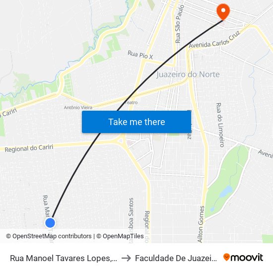 Rua Manoel Tavares Lopes, 2652 - Frei Damião to Faculdade De Juazeiro Do Norte - Fjn map