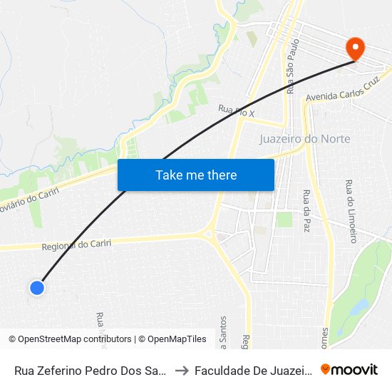 Rua Zeferino Pedro Dos Santos, 483 - São José to Faculdade De Juazeiro Do Norte - Fjn map