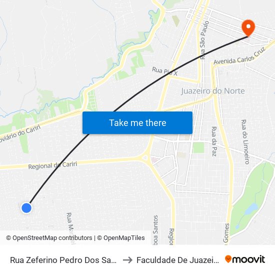 Rua Zeferino Pedro Dos Santos, 697 - São José to Faculdade De Juazeiro Do Norte - Fjn map