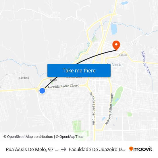 Rua Assis De Melo, 97 - São José to Faculdade De Juazeiro Do Norte - Fjn map