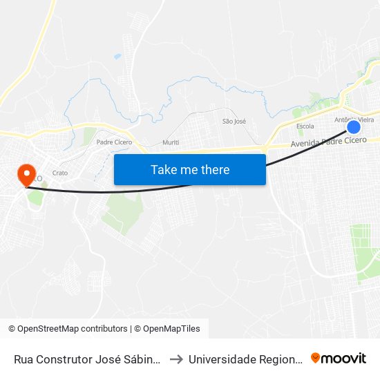 Rua Construtor José Sábino, 832 - Antonio Vieira to Universidade Regional Do Cariri - Urca map