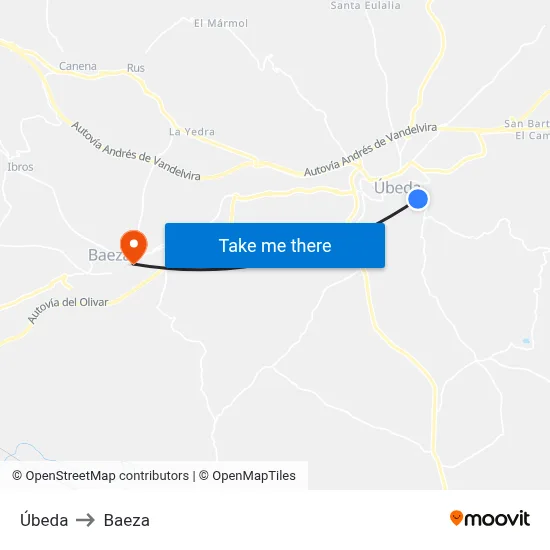 Úbeda to Baeza map