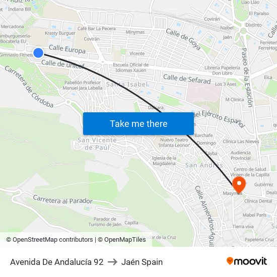 Avenida De Andalucía 92 to Jaén Spain map