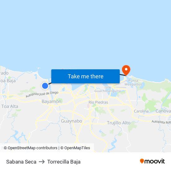 Sabana Seca to Torrecilla Baja map