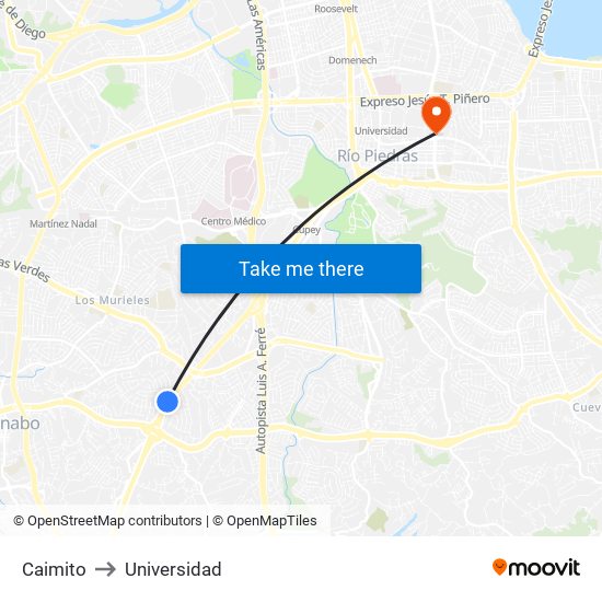 Caimito to Universidad map