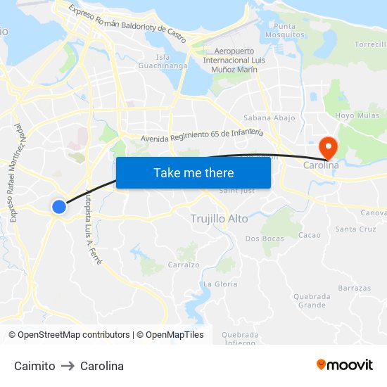 Caimito to Carolina map
