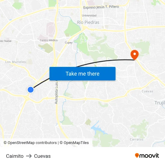 Caimito to Cuevas map