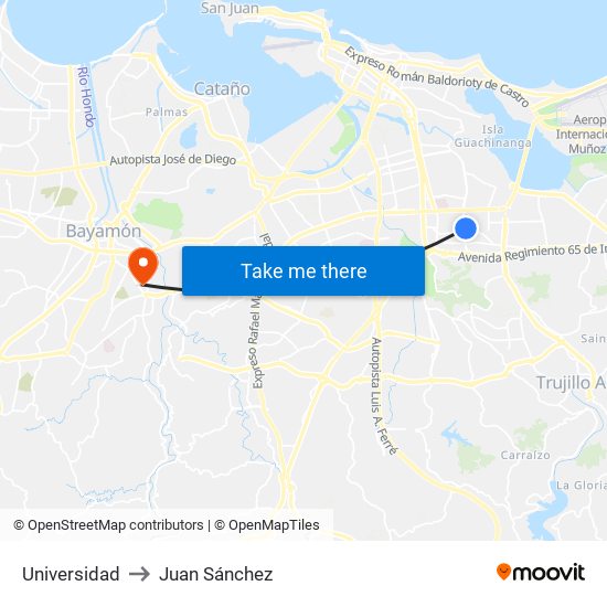 Universidad to Juan Sánchez map