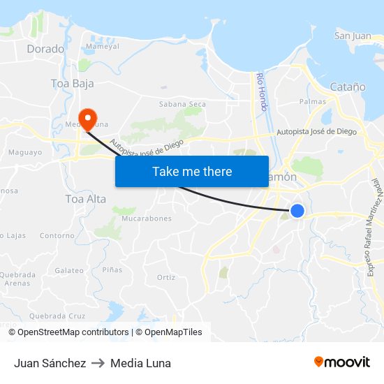 Juan Sánchez to Media Luna map