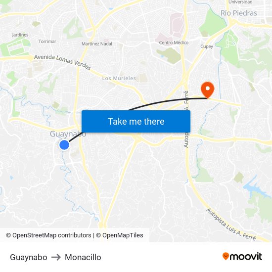 Guaynabo to Monacillo map