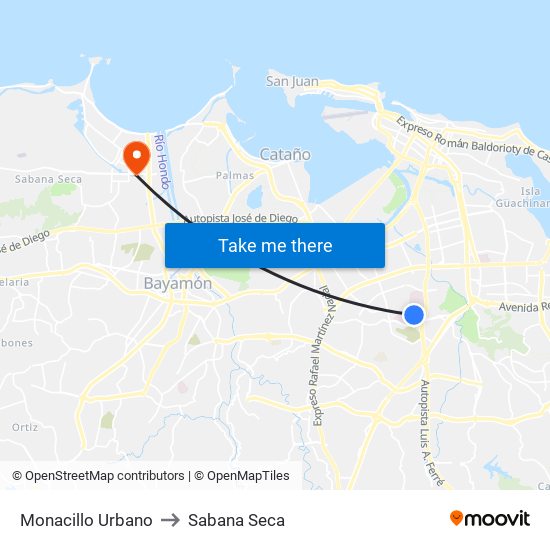 Monacillo Urbano to Sabana Seca map