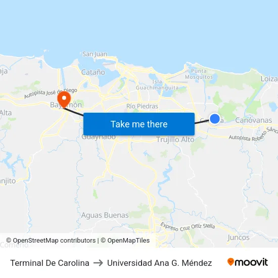 Terminal De Carolina to Universidad Ana G. Méndez map