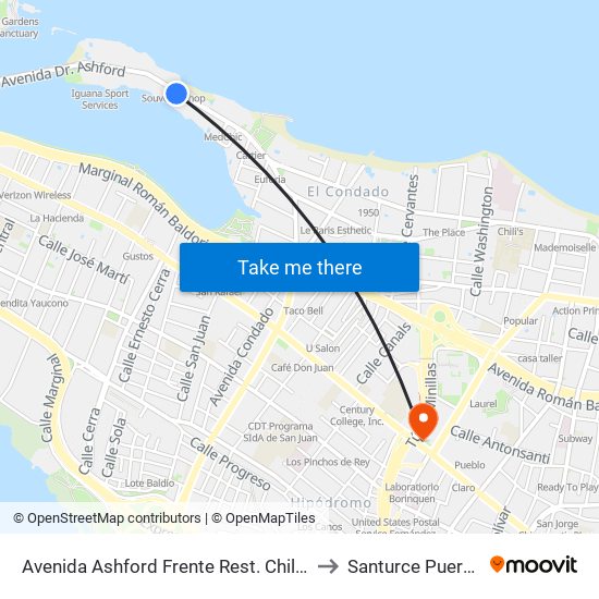 Avenida Ashford Frente Rest. Chilis Bar & Grill to Santurce Puerto Rico map