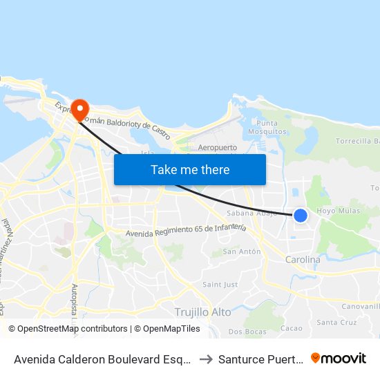 Avenida Calderon Boulevard Esquina Calle 1 to Santurce Puerto Rico map