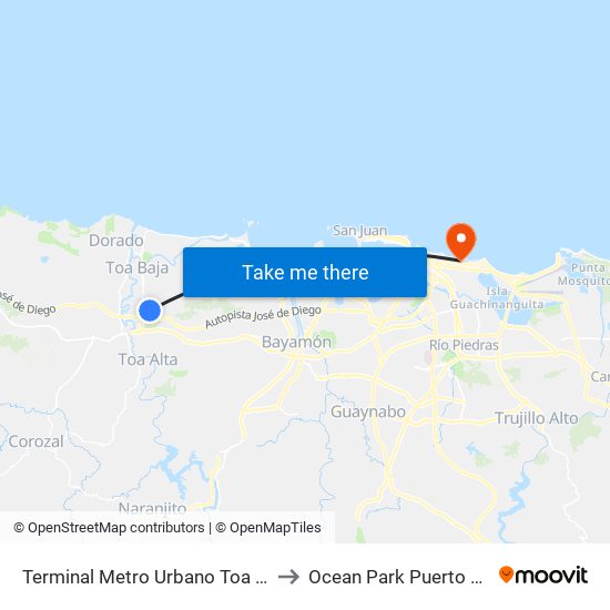 Terminal Metro Urbano Toa Baja to Ocean Park Puerto Rico map