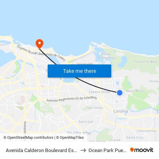Avenida Calderon Boulevard Esquina Calle 1 to Ocean Park Puerto Rico map