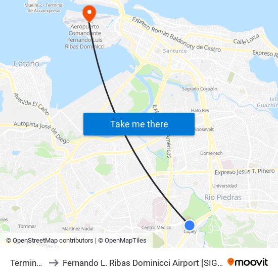 Terminal De Cupey to Fernando L. Ribas Dominicci Airport [SIG] (Aeropuerto Fernando Luis Ribas Dominicci) map