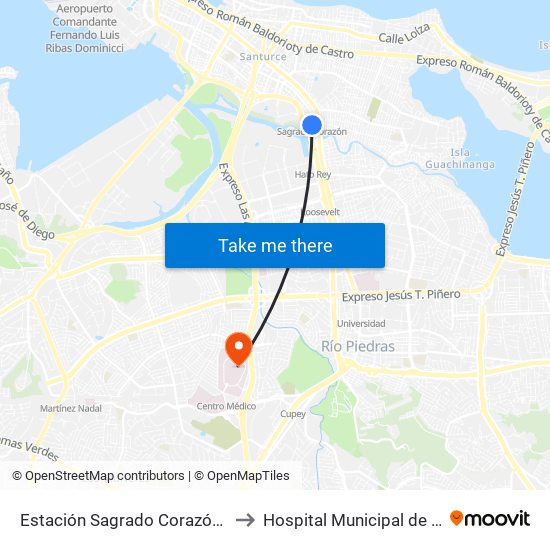 Estación Sagrado Corazón (Abordo) to Hospital Municipal de San Juan map