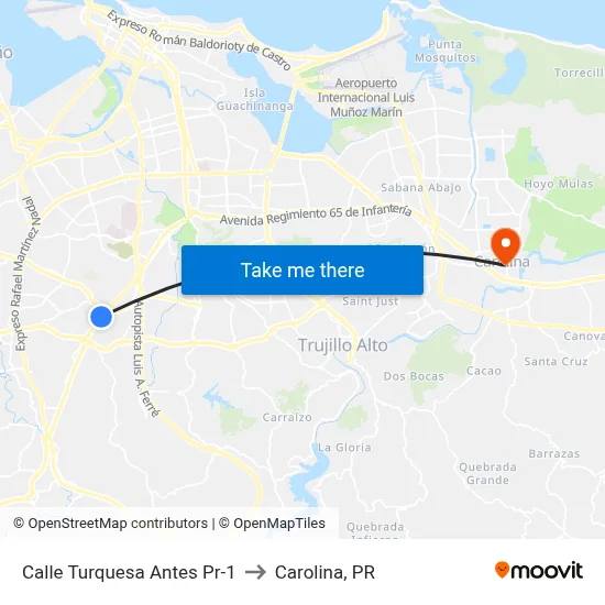 Calle Turquesa Antes Pr-1 to Carolina, PR map