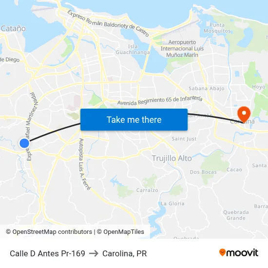 Calle D Antes Pr-169 to Carolina, PR map