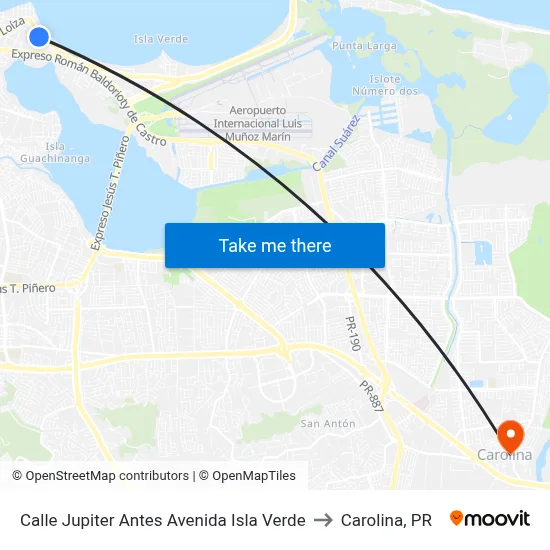 Calle Jupiter Antes Avenida Isla Verde to Carolina, PR map