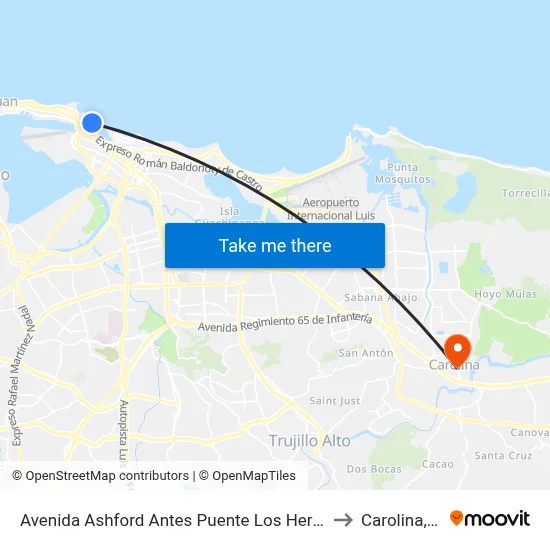 Avenida Ashford Antes Puente Los Hermanos to Carolina, PR map