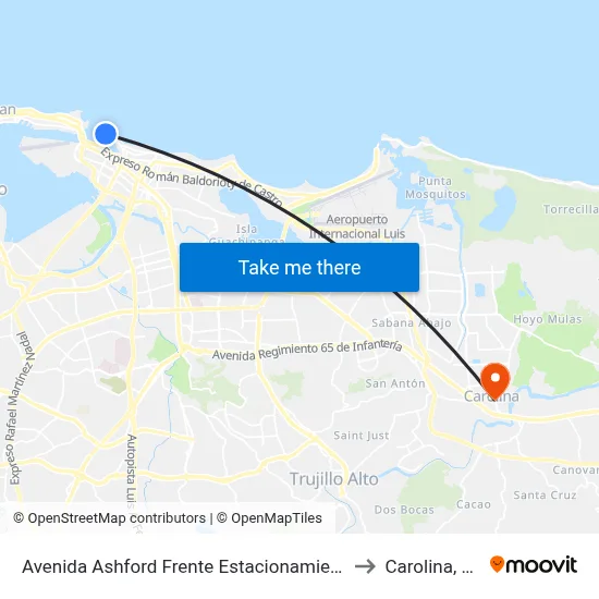 Avenida Ashford Frente Estacionamiento to Carolina, PR map
