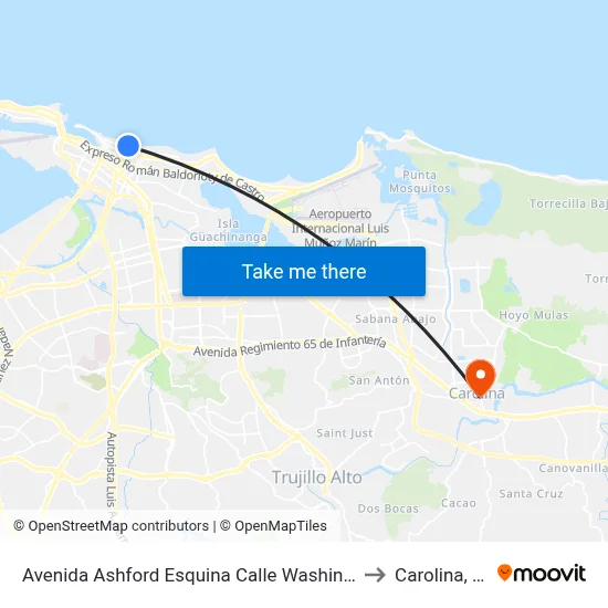 Avenida Ashford Esquina Calle Washington to Carolina, PR map