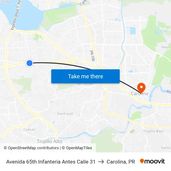 Avenida 65th Infanteria Antes Calle 31 to Carolina, PR map