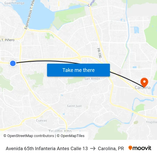 Avenida 65th Infanteria Antes Calle 13 to Carolina, PR map