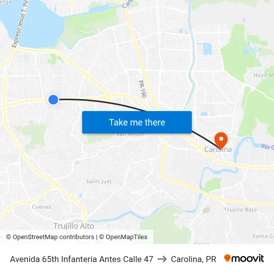 Avenida 65th Infanteria Antes Calle 47 to Carolina, PR map
