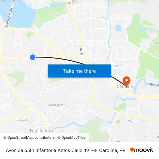 Avenida 65th Infanteria Antes Calle 49 to Carolina, PR map