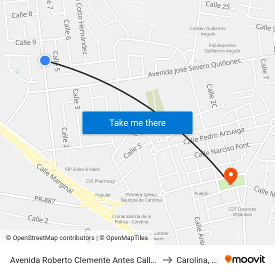 Avenida Roberto Clemente Antes Calle 4 to Carolina, PR map