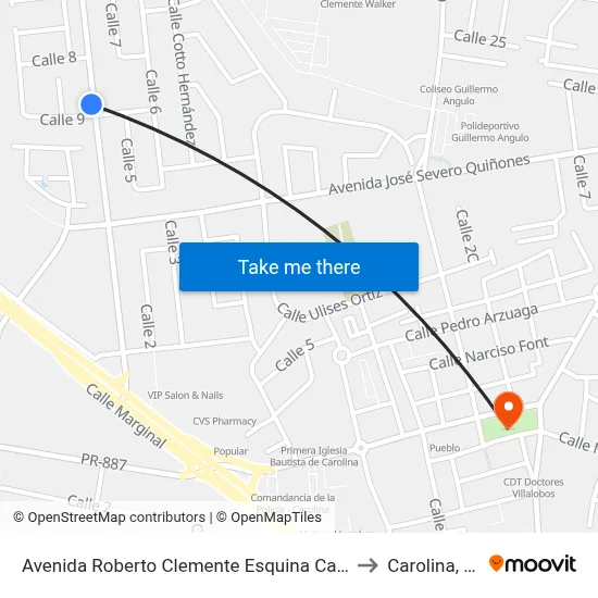 Avenida Roberto Clemente Esquina Calle 9 to Carolina, PR map