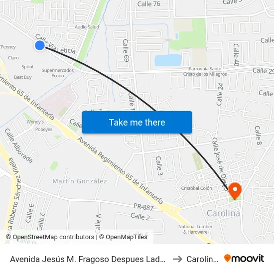 Avenida Jesús M. Fragoso Despues Lado Opuesto Vía 52 to Carolina, PR map