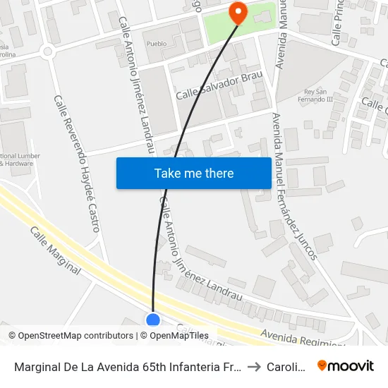 Marginal De La Avenida 65th Infanteria Frente Al John Dewey to Carolina, PR map